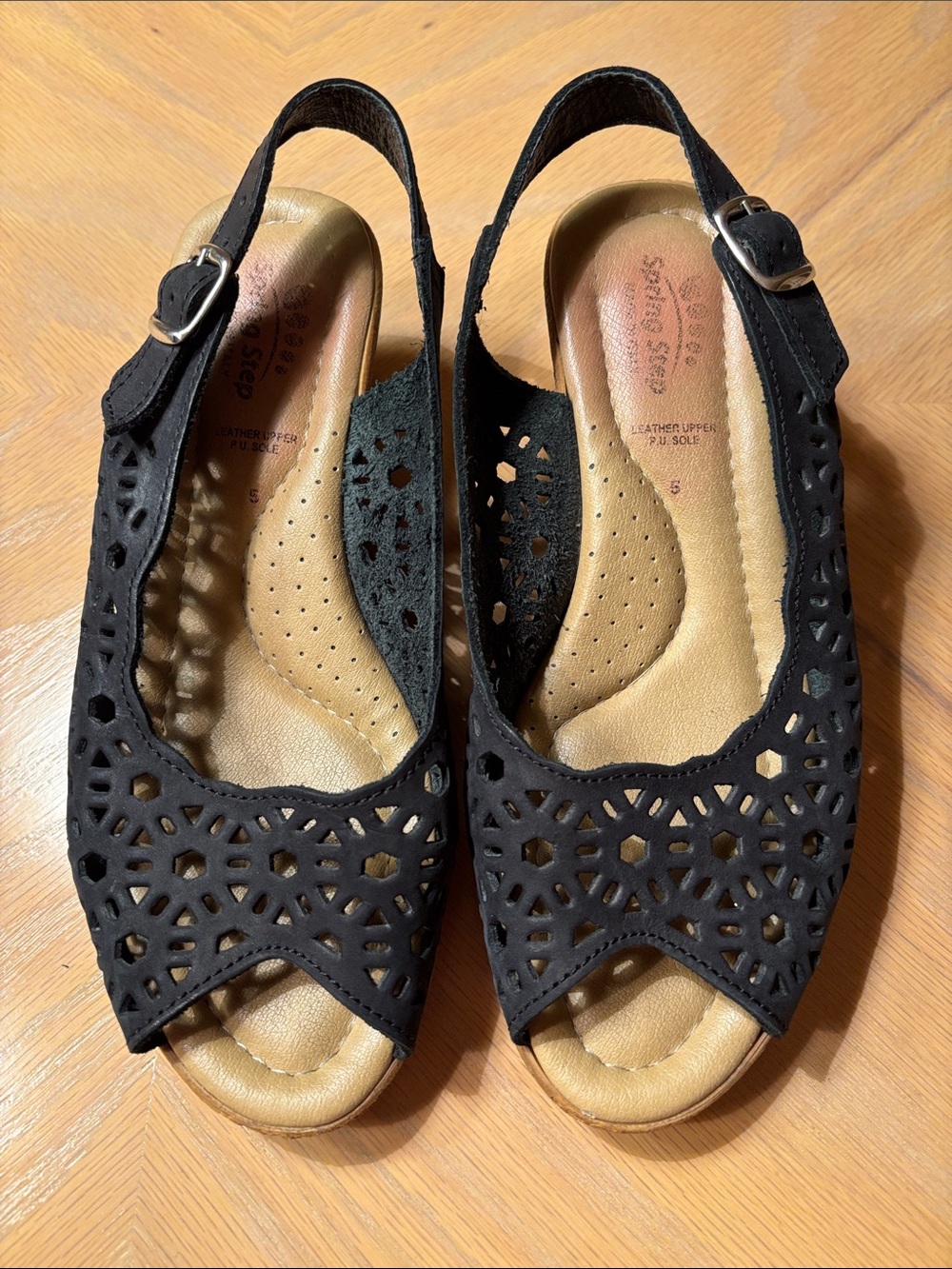 Spring Step Black Laser-Cut Slingback Sandals